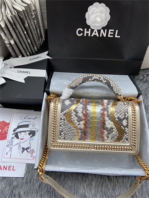 Cha.nel Medium Leboy Bag With Top Handle Python Leather Gold Metal A94804