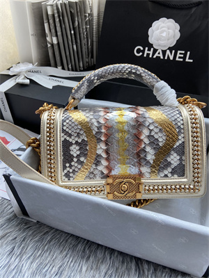 Cha.nel Medium Leboy Bag With Top Handle Python Leather Gold Metal A94804