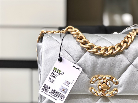 Cha.nel 19 Handbag Goatskin Gold Double C Metal Silver AS1160
