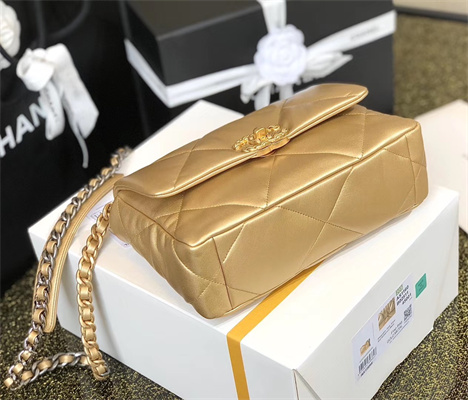 Cha.nel 19 Handbag Goatskin Gold Double C Metal Gold AS1160