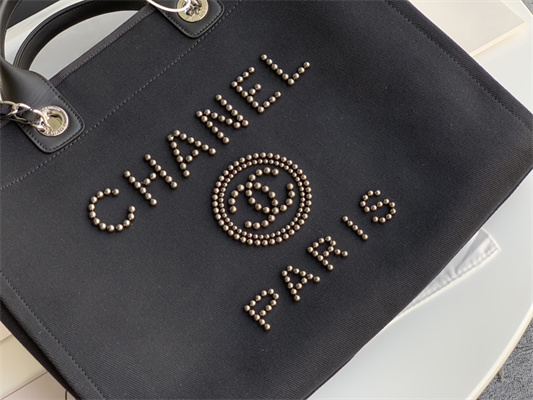 Cha.nel Deauville Large Shopping Bag Bead Mixed Fibers Gold Tone Metal Black A66941