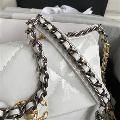 Cha.nel 19 Handbag Shiny Aged Calfskin Gold Double C Metal White AS1160