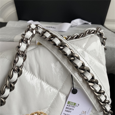 Cha.nel 19 Large Handbag Shiny Aged Calfskin Gold Double C Metal White AS1161