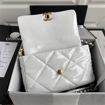 Cha.nel 19 Large Handbag Shiny Aged Calfskin Gold Double C Metal White AS1161