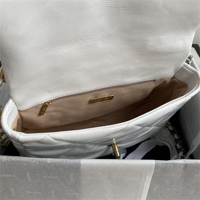 Cha.nel 19 Large Handbag Shiny Aged Calfskin Gold Double C Metal White AS1161