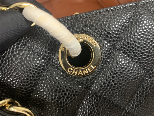 Cha.nel Shopping Bag Grained Calfskin Gold Tone Metal Black A50995