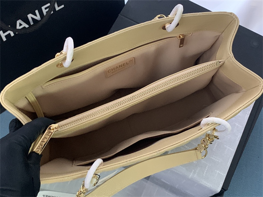 Cha.nel Shopping Bag Grained Calfskin Gold Tone Metal Beige A50995