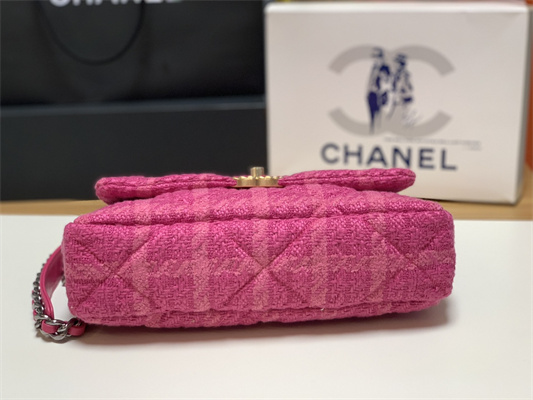 Cha.nel 19 Large Handbag Wool Tweed Gold Double C Metal Fuchsia AS1161