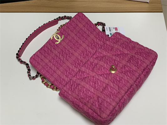 Cha.nel 19 Large Handbag Wool Tweed Gold Double C Metal Fuchsia AS1161