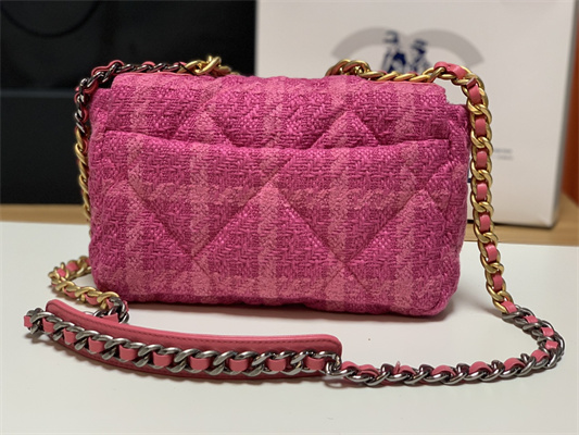 Chanel 19 Handbag Wool Tweed Gold Double C Metal Fuchsia AS1160