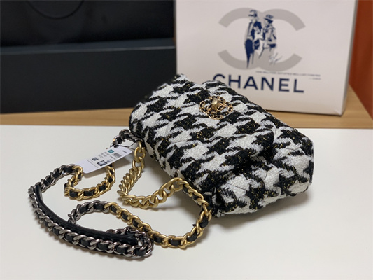 Chanel 19 Handbag Wool Tweed Gold Double C Metal Black/White AS1160