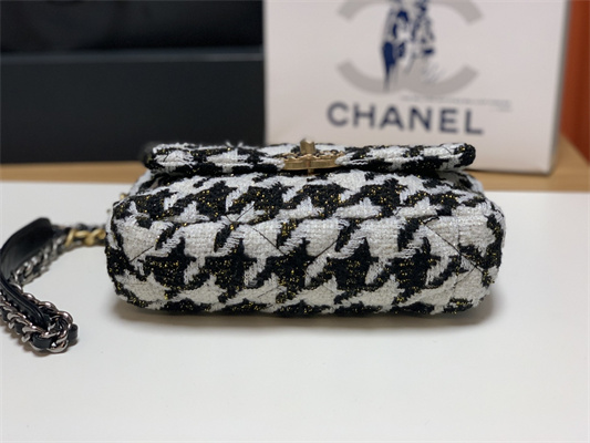 Chanel 19 Handbag Wool Tweed Gold Double C Metal Black/White AS1160