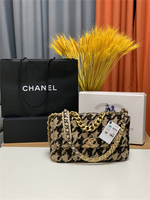 Cha.nel 19 Large Handbag Wool Tweed Gold Double C Metal Black/Beige AS1161