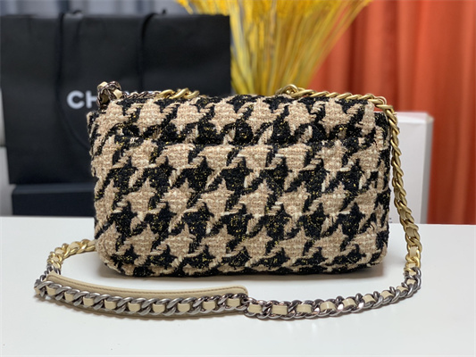 Cha.nel 19 Large Handbag Wool Tweed Gold Double C Metal Black/Beige AS1161