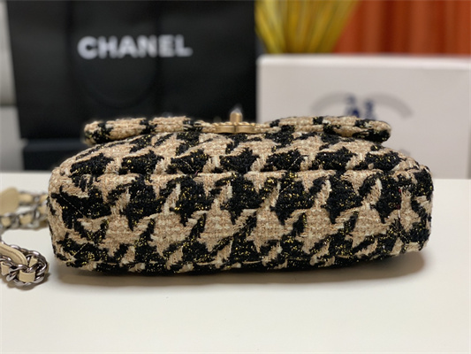 Cha.nel 19 Large Handbag Wool Tweed Gold Double C Metal Black/Beige AS1161