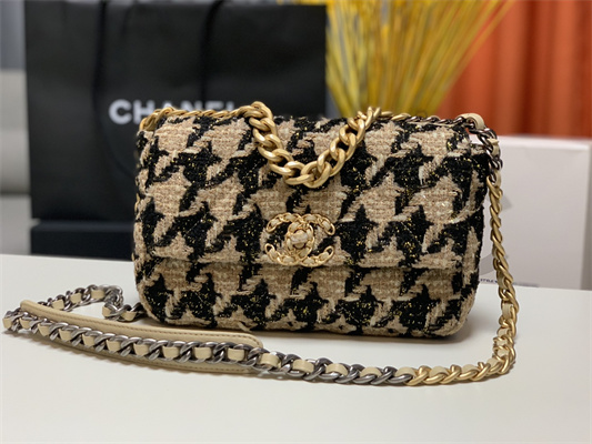 Chanel 19 Handbag Wool Tweed Gold Double C Metal Black/Beige AS1160