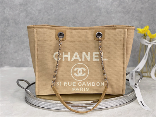 Cha.nel Deauville MM Shopping Bag Mixed Fibers Silver Tone Metal Beige A67001