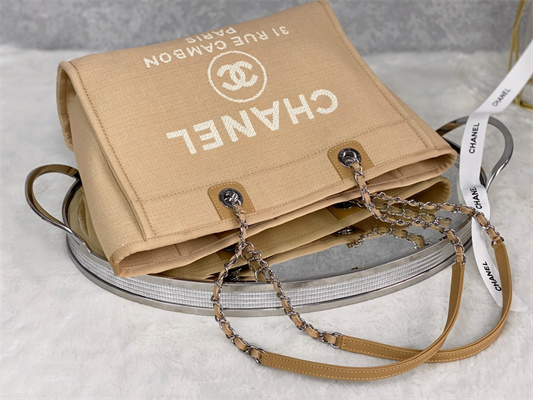 Cha.nel Deauville MM Shopping Bag Mixed Fibers Silver Tone Metal Beige A67001