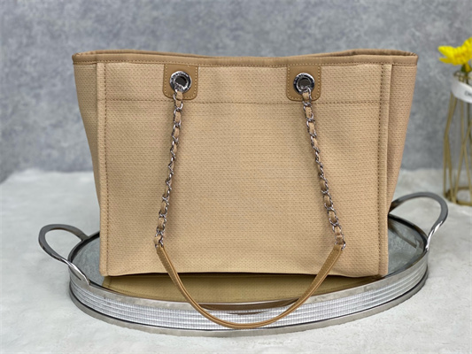 Cha.nel Deauville MM Shopping Bag Mixed Fibers Silver Tone Metal Beige A67001