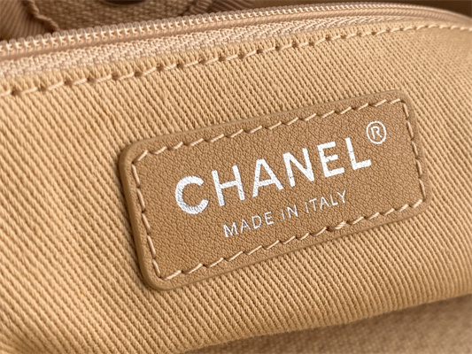 Cha.nel Deauville MM Shopping Bag Mixed Fibers Silver Tone Metal Beige A67001