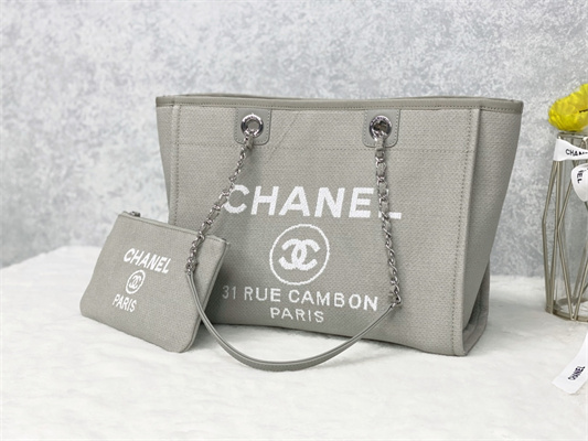Cha.nel Deauville MM Shopping Bag Mixed Fibers Silver Tone Metal Grey A67001