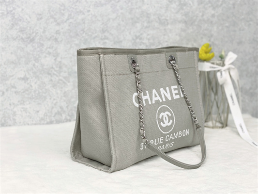 Cha.nel Deauville MM Shopping Bag Mixed Fibers Silver Tone Metal Grey A67001