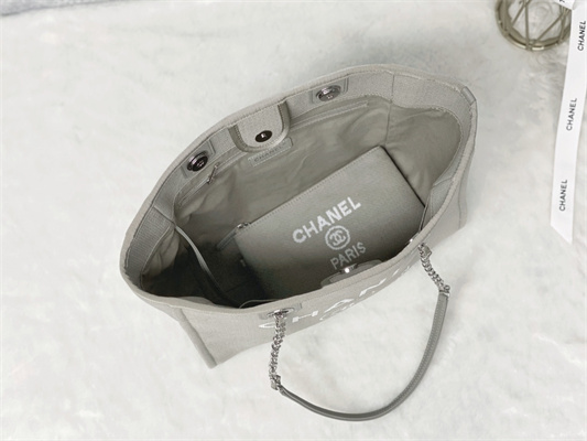 Cha.nel Deauville MM Shopping Bag Mixed Fibers Silver Tone Metal Grey A67001