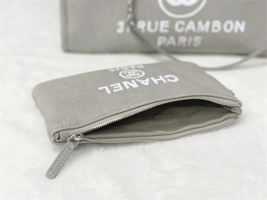 Cha.nel Deauville MM Shopping Bag Mixed Fibers Silver Tone Metal Grey A67001