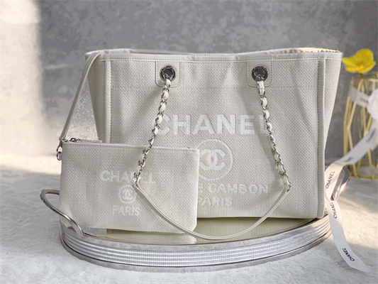 Cha.nel Deauville MM Shopping Bag Mixed Fibers Silver Tone Metal Cream A67001