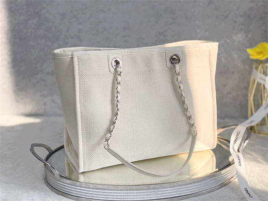 Cha.nel Deauville MM Shopping Bag Mixed Fibers Silver Tone Metal Cream A67001