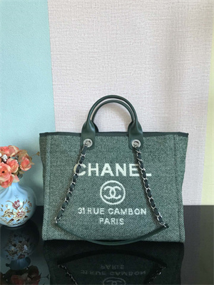 Cha.nel Deauville Large Shopping Bag Mixed Fibers Silver Tone Metal Green A66941
