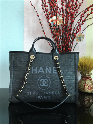 Cha.nel Deauville Large Shopping Bag Mixed Fibers Gold Tone Metal Black A66941