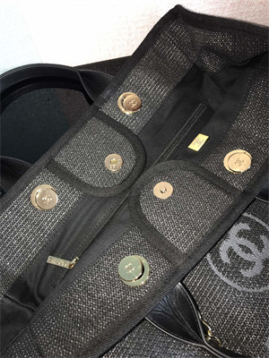 Cha.nel Deauville Large Shopping Bag Mixed Fibers Gold Tone Metal Black A66941