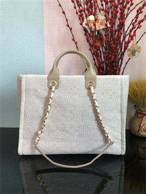 Cha.nel Deauville Large Shopping Bag Mixed Fibers Gold Tone Metal Beige A66941
