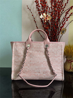 Cha.nel Deauville Large Shopping Bag Mixed Fibers Silver Tone Metal Pink A66941
