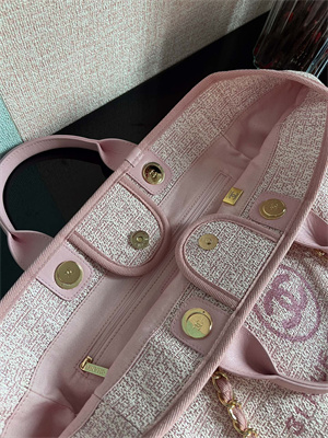 Cha.nel Deauville Large Shopping Bag Mixed Fibers Gold Tone Metal Pink A66941