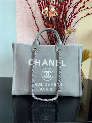 Cha.nel Deauville Large Shopping Bag Mixed Fibers Silver Tone Metal Grey Blue A66941