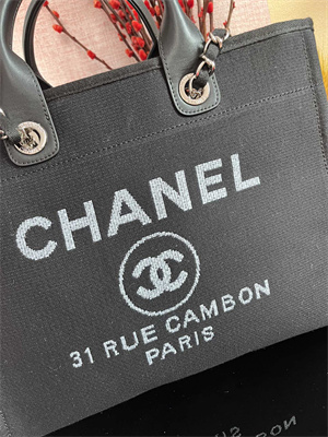 Cha.nel Deauville Large Shopping Bag Mixed Fibers Silver Tone Metal Black A66941
