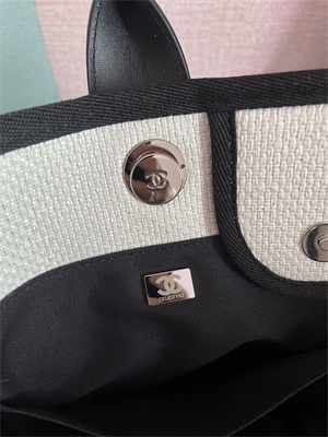 Cha.nel Deauville Large Shopping Bag Mixed Fibers Silver Tone Metal Cream A66941
