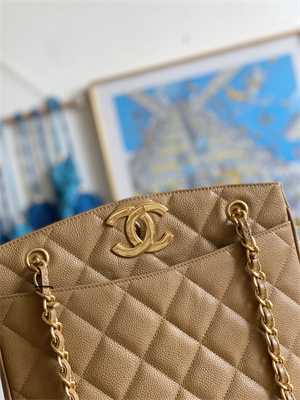 Cha.nel Vintage Large Shopping Bag Calfskin Gold Tone Metal Beige A99