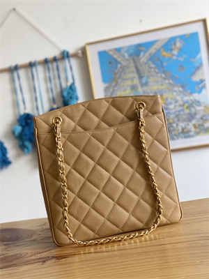 Cha.nel Vintage Large Shopping Bag Calfskin Gold Tone Metal Beige A99