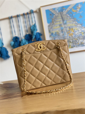 Cha.nel Vintage Shopping Bag Calfskin Gold Tone Metal Beige A98