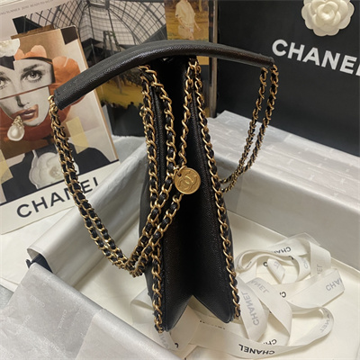 Cha.nel Shopping Bag Grained Calfskin Gold Tone Metal Black A33200