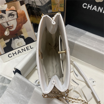 Cha.nel Shopping Bag Grained Calfskin Gold Tone Metal White A33200