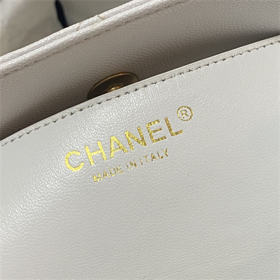 Cha.nel Shopping Bag Grained Calfskin Gold Tone Metal White A33200