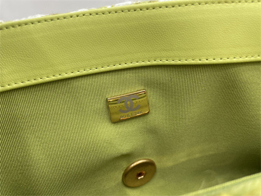 Cha.nel 19 Large Handbag Wool Tweed Gold Double C Metal Green/White AS1161