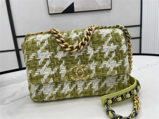 Chanel 19 Handbag Wool Tweed Gold Double C Metal Green/White AS1160