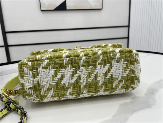 Chanel 19 Handbag Wool Tweed Gold Double C Metal Green/White AS1160