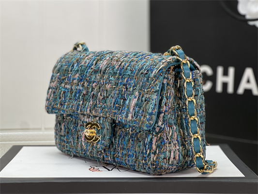 Cha.nel Mini Classic Flap Bag Tweed Gold Tone Metal Blue A01116