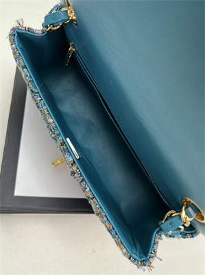 Cha.nel Mini Classic Flap Bag Tweed Gold Tone Metal Blue A01116